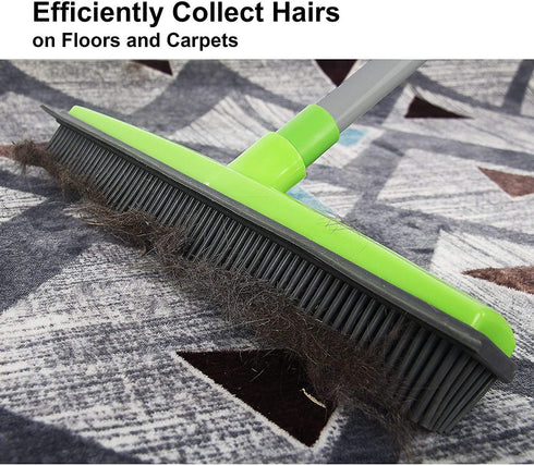 Pet Hair Removal Rubber Broom with Squeegee,Soft Push Broom,Pole:59'' ,Carpet Sweeper, Adjustable Long Handle, Removal Pet Human Hair,Green