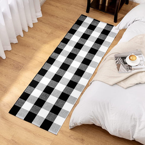Buffalo Plaid Rug 2 x 6 ft Black and White Checkered Runner Rug Cotton Hand-Woven Indoor Outdoor Rugs for Hallway, Aisle, Kitchen, Laundry