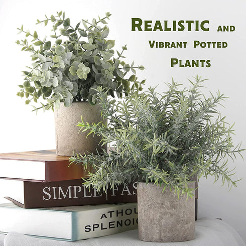 C APPOK Artificial Potted Plants Fake Eucalyptus Plant, Mini Plastic Green Grass with Pot, Faux Rosemary Plants for Home Decor, Indoor, Table Decoration - 3 Pack, Flocking Green