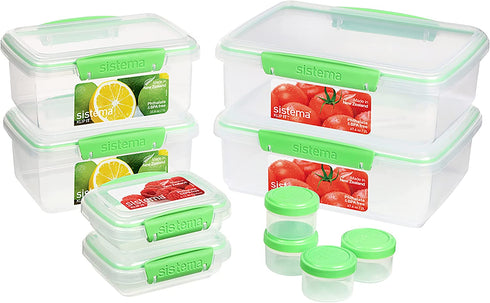 Sistema | 6 Plastic Lids | 4 Dressing to Go Pots | BPA-Free | 10 Freezer/Fridge/Pantry Klip IT Food Storage Containers, Assorted, Clear/Green