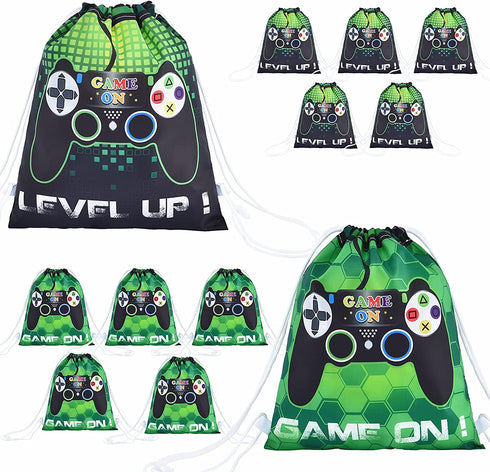 Video Game Party Loot Bags - 12 Pack 10'' x 12'' Game On Theme Gifts Bags for Kid Boys Drawstring Backpack Goodie Candy Favor Bags Birthday Party Supplies