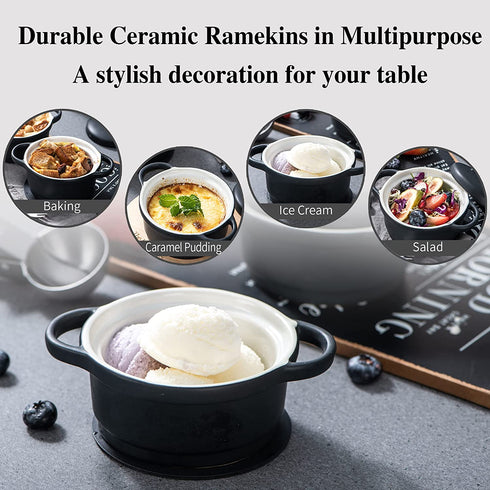 Ramekin with Lid, vancasso 6 Oz Creme Brulee Ramekins Bowls, Porcelain Soufflé Dishes Set of 4 Oven Safe for Baking, Small Ceramic Casserole Dish with Cover and Handle for Cake, Dessert, Black