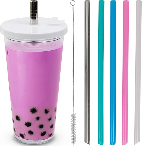 Planet Boba 24 oz Reusable Boba Cup w 5 Bonus Straws | Smoothie Cup with Straw | Leakproof Bubble Tea Cup | Lids and Straw | Boba Cup Reusable | Insulated Boba Tumbler | Boba Tea Cup, White