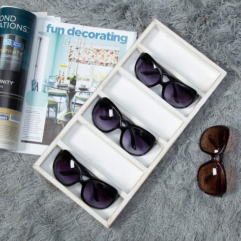 MyGift Whitewashed Wood Sunglasses Holder Storage Box with 6 Compartments, Retail Eyewear Display Tray