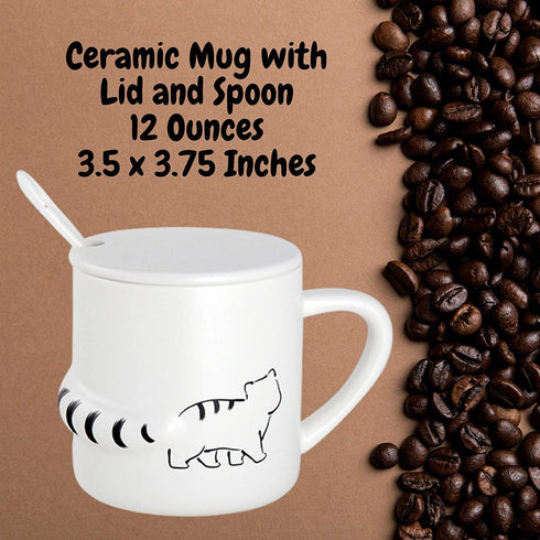 Gifts for Cat Lovers, White Ceramic Mug with Lid and Spoon, Microwavable Coffee Tea Cup with Kitty Decoration, 12 Ounces
