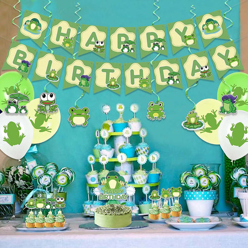 Frog Party Supplies, Cute Cartoon Frog Theme Birthday Decorations with Happy Birthday Banner, Cake Toppers, Balloons, Hanging Swirls for Boys Girls 1st Baby Shower Frog Themed Party Supplies Decor
