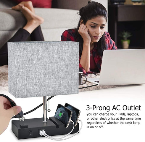 Table Lamp with USB Port, Bedside lamp for Bedroom Warm White Bulb Winshine 3 Phone Stands Grey Shade Modern Lamp with Dual USB Port, AC Outlet, Pull Chain Switch Ideal for Desk, Bedroom, Nightstand