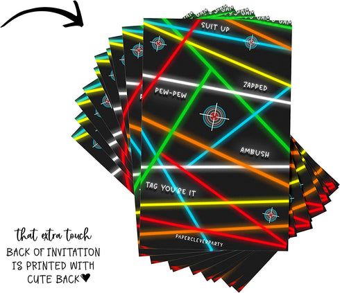 Laser Tag Invitations with Envelopes (25 Pack) Invites for Boys Birthday, Retirement, Guys Night Out, Team Building Event - Neon Theme Party Supplies Blank Invitation Card Set Printed