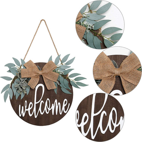 KHOYIME Welcome Sign for Front Porch - Rustic Wooden Door Hanger Farmhouse Front Door Decorations for Home Restaurant (Brown)