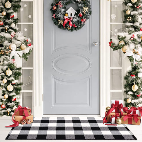 Buffalo Checkered Rugs Outdoor with Anti-Slip Mat, 23.6X51.2 Inches Plaid Rug Black and White Doormat Washable Cotton Woven Layered Door Mats for Kitchen/Farmhouse/Porch