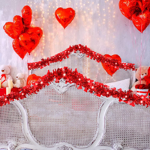 Fovths 32.8 Feet Valentines Tinsel Garland Metallic Tinsel Twist Garland with Red String Lights Valentines Tree Hanging Garland Decoration for Valentine Indoor Outdoor Decorations (Red)