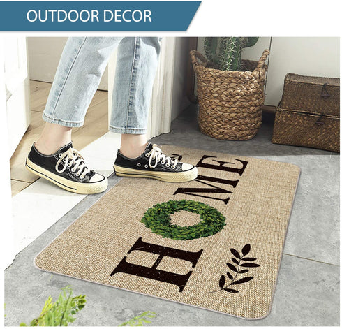 Artoid Mode Home Quote Boxwood Wreath Welcome Decorative Doormat, Daily Holiday Farmhouse Low-Profile Floor Mat Switch Mat for Indoor Outdoor 17 x 29 Inch