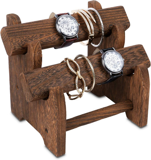 Ikee Design Oval Shape Removable Wooden 2 Tiers Jewelry Bangle Bracelet Display, Watch Holder for Home Organization, Store, Tradeshow and Showcase, 8 1/2W x 6 1/8D x 7H
