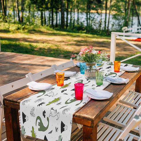 WARM TOUR Dinning Table Runners Cartoon Jurassic Age Drawing Dinosaur Table Cloth Setting Cute Wildlife Dino Animal Decorative Dresser Scarf for Kitchen Farmhouse Holiday Party Wedding