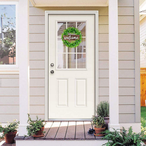 Lvydec Artificial Boxwood Wreath - 15" Welcome Wreath with Wooden Welcome Sign and White Flower Green Wreath for Front Door Window Home Decoration