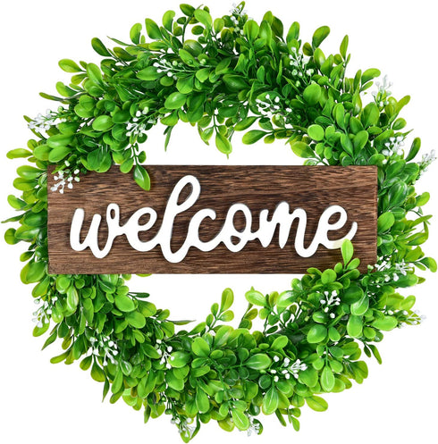 Lvydec Artificial Boxwood Wreath - 15" Welcome Wreath with Wooden Welcome Sign and White Flower Green Wreath for Front Door Window Home Decoration