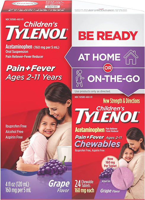 Tylenol Children's Liquid (4 fl. oz) & Chewable (24 ct), Pain Relief, Grape, 2 pc Bundle