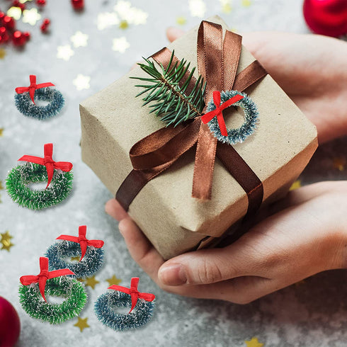 24 Pieces Mini Christmas Wreaths with Bows Christmas Wreath Decorations Including 1 Inch Blue-Green Xmas Wreaths and 1.2 Inch Grass-Green Xmas Wreaths for Christmas Tree Holiday Decorations