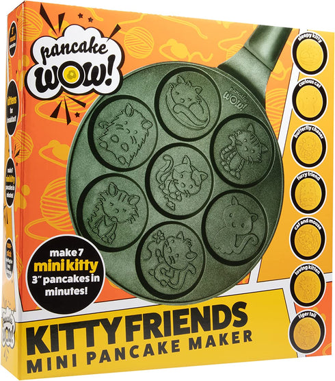 Kitty Friends Mini Pancake Pan - Make 7 Unique Flapjack Cat Designs, Nonstick Pan Cake Maker Griddle for Breakfast Kitten Fun & Easy Cleanup, Fun Animal Gift