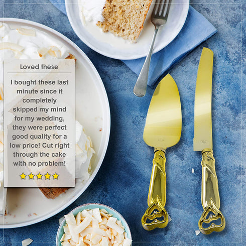 Gold Double Heart Wedding Cake Serving Set - Gold Wedding Cake Knife Set
