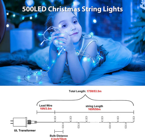 Fiee 500 LED Christmas Fairy String Lights, 8 Lighting Modes, 175ft Plug in String Waterproof Mini Lights for Outdoor Indoor Holiday Christmas Wedding Party Bedroom Decorations, 500L Blue+White