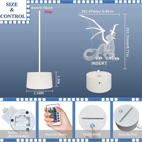 Lampeez Kids 3D Dragon Night Light Optical Illusion Lamp with 16 Colors Remote Control Changing Birthday Xmas Valentine's Day Gift Idea for Boys and Girls