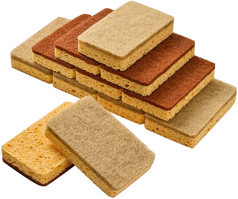 12 Pack Kitchen Dish Sponges, Natural Plant Palm Fiber Scrub Sponge with Non Scratch Biodegradable Compostable Sponges, Durable No Smell Household Cleaning Sponges