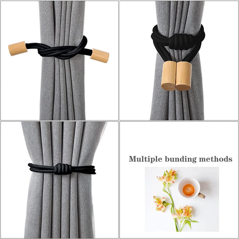 Porlepuo Magnetic Curtain Tiebacks 2-4 Pack, Curtain Holdbacks in Elastic Rope, Decorative Curtain Ties 20.6 inches for Thin or Thick Home Office Drapes (Black, 4)