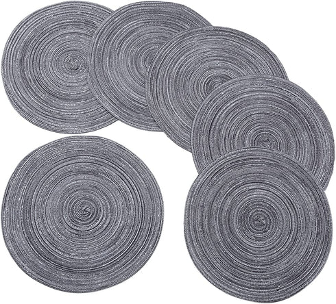 Round Braided/Woven Placemats, Indoor/Outdoor Placemat/Charger, Kitchen Mat for Dinning Table Washable Set of 6 Dark Grey