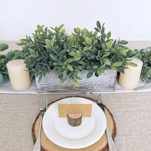 Artificial Grey Green Eucalyptus Plant in Rustic Rectangular Wooden Planter Box Faux Potted Herb Plant Greenery Arrangement for Farmhouse Indoor Wedding Table Centerpiece Mantel Shelf Kitchen Decor