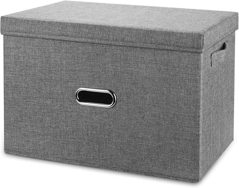 Valease Linen Fabric Collapsible Storage Bins with Removable Lids and Handles, Washable Storage Box Containers Baskets Cube with Cover for Bedroom,Closet,Office,Living Room,Nursery (Grey, Medium)