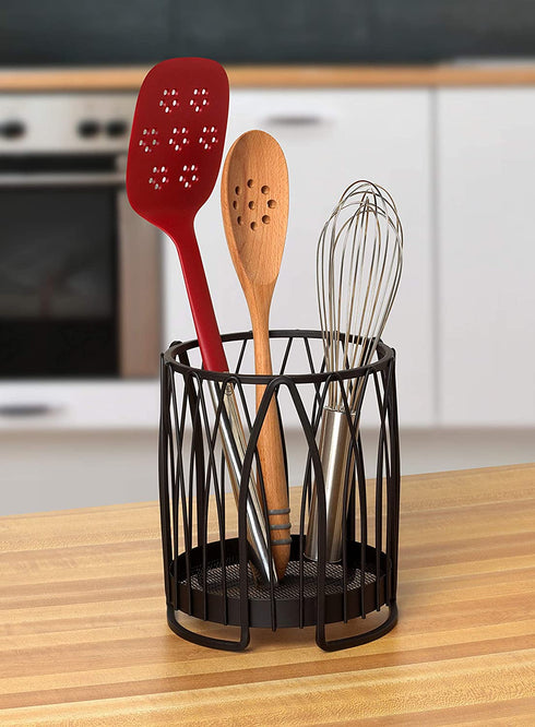 Spectrum Diversified Twist Round Holder & Kitchen Countertop Organizer Cooking Utensil Crock for Kitchen Organization & Storage, Cutlery & Flatware Caddy, Black