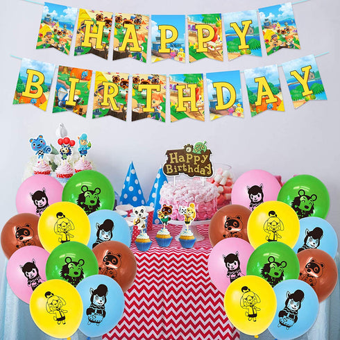Animal Cross_ing Birthday Party Supplies 46PCS Cartoon Gifts for Kids Video Game Theme Party Decorations Includes 20 Packs Balloon, 1 Pack Banner, 24 Packs Muffin Cake Toppers