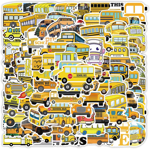 School Bus Stickers - 100pcs Bus Stickers Vinyl Waterproof Stickers for Adults Teens Girls Boys Toddlers Kids for Journaling Water Bottle Hydroflask Laptop Decor
