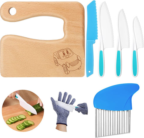 7 Pieces Wooden Kids Kitchen Knife Include Wood Kids Knife Plastic Potato Slicers Cooking Knives Serrated Edges Toddler Knife Kids Plastic Knife Resistant Gloves for Kitchen Children(Car)