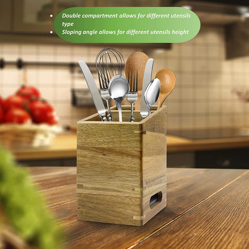 Drip Protection Wooden Utensil Holder 100% Acacia wood kitchen cutlery organizer storage for countertop with water absorbent diatomaceous earth mat to keep your utensils dry and clean