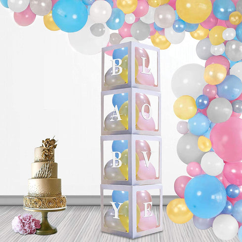 FamShack 96 Pcs White Gender Reveal Party Decorations with Gender Reveal Balloon Garland Kit | Clear Baby Boxes with Letters for Baby Shower Decorations (White)