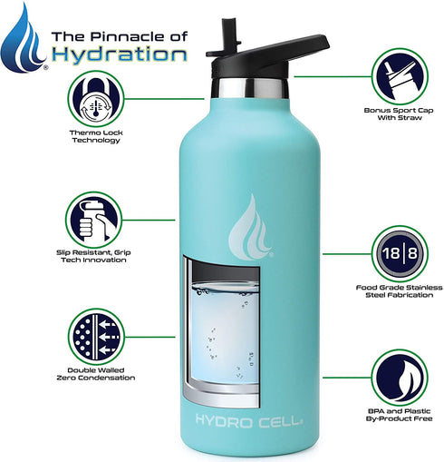Hydro Cell Stainless Steel Water Bottle with Straw & Standard Mouth Lids (32oz 24oz 20oz 16oz) - Keeps Liquids Hot or Cold with Double Wall Vacuum Insulated Sweat Proof Sport Design (Teal 32oz)*