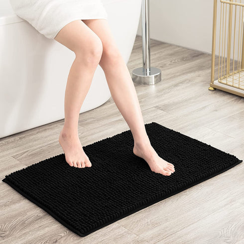 subrtex Bathroom Rugs Chenille Bath Rug Soft Short Plush Bath Mat Soft Shower Mat Water Absorbent Shower Mat Quick Dry Machine Washable(Black,16" x 24")