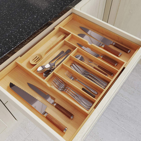 BAMEOS Utensil Drawer Organizer, Cutlery Tray Desk Drawer Organizer Silverware Holder Kitchen Knives Tray Drawer Organizer, 100% Pure Bamboo Expandable Adjustable Cutlery