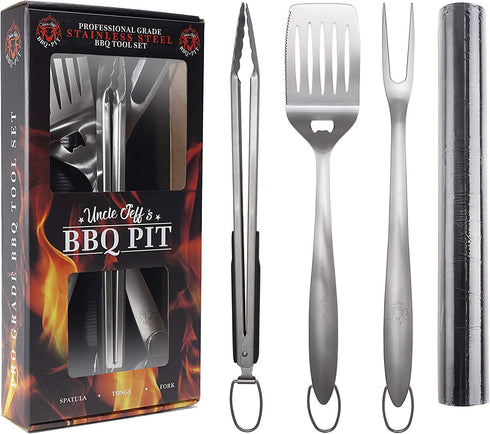 Heavy Duty BBQ Grilling Tools Set - Professional Grade 18" Long Stainless Steel 4-Piece Barbecue Grill Kit includes Over Sized Spatula, Fork, Tongs & BBQ Mat - Perfect BBQ Gift For Your BBQ Lover