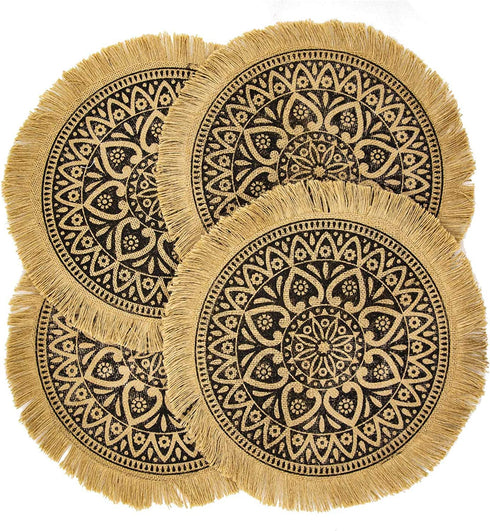 CAPASIN Boho Round Placemats Set of 4 Brown Dining Modern Dinner Braided Beige Table and Fall Circle Runner Kitchen Plate Mats Runners for White Place with Fringe Gold(Brown Tassel A)