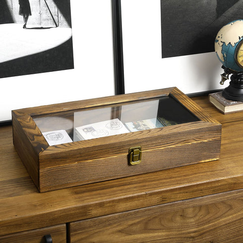 MyGift Tabletop Keepsake Display Box, Rustic Burnt Wood Shadow Box Jewelry Organizer Case with Clear Acrylic Lid, and Metal LAT