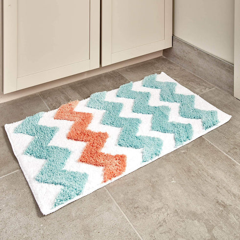 iDesign Chevron Bath Rug, Machine Washable Microfiber Accent Rug for Bathroom, Kitchen, Bedroom, Office, Kid's Room, 34" x 21", Teal Blue and Coral Pink