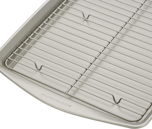 Rachael Ray Nonstick Bakeware Set without Grips, Nonstick Cookie Sheets / Baking Sheets and Cooling Rack - 2 Piece, Silver