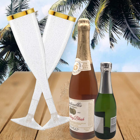 60 pc Clear Plastic Classicware Glass Like Champagne Wedding Parties Toasting Flutes Gold Rim With Gold Glitter