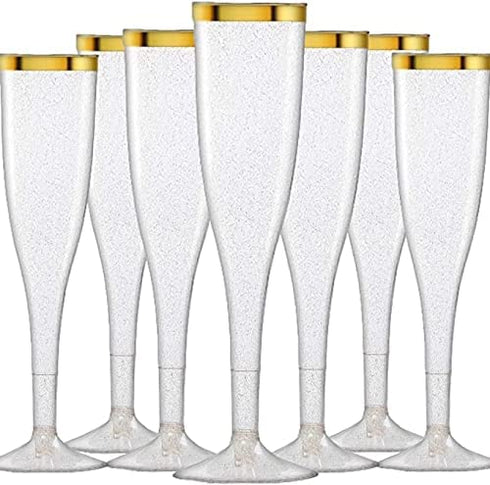 60 pc Clear Plastic Classicware Glass Like Champagne Wedding Parties Toasting Flutes Gold Rim With Gold Glitter