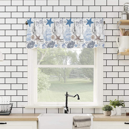 Coastal Curtain Valance for Windows,Nautical Starfish Blue Seaweed Window Toppers Valances,Underwater World Pocket Window Treatment Short Curtains for Kitchen Bathroom Bedroom 54x18in
