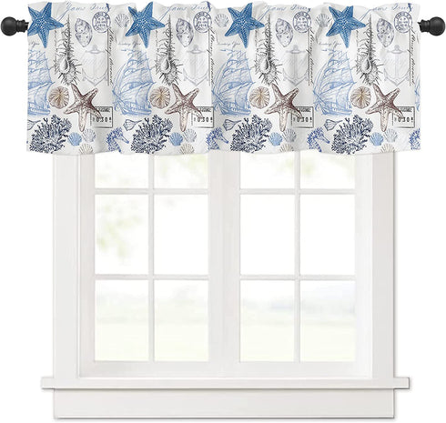 Coastal Curtain Valance for Windows,Nautical Starfish Blue Seaweed Window Toppers Valances,Underwater World Pocket Window Treatment Short Curtains for Kitchen Bathroom Bedroom 54x18in
