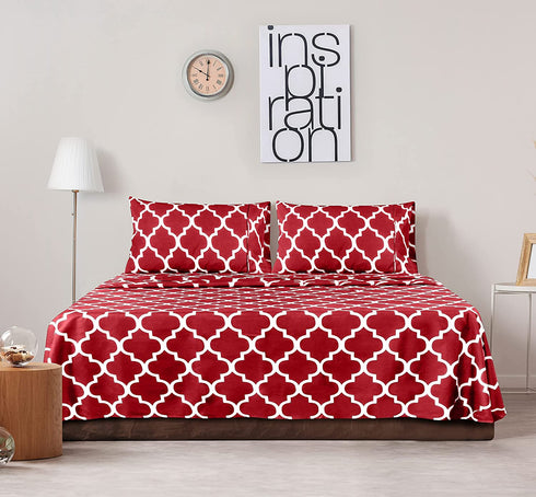 Utopia Bedding Printed Queen Sheet Set - 1 Fitted Sheet, 1 Flat Sheet and 2 Pillowcases - Soft Brushed Microfiber Fabric - Shrinkage and Fade Resistant (Queen, Burgundy Quatrefoil with White Pattern)